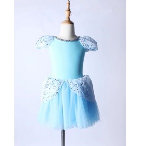 Sky blue turquoise sequins shoulder short sleeves girls kids children princess performance competition professional ballet tutu dance dresses outfits